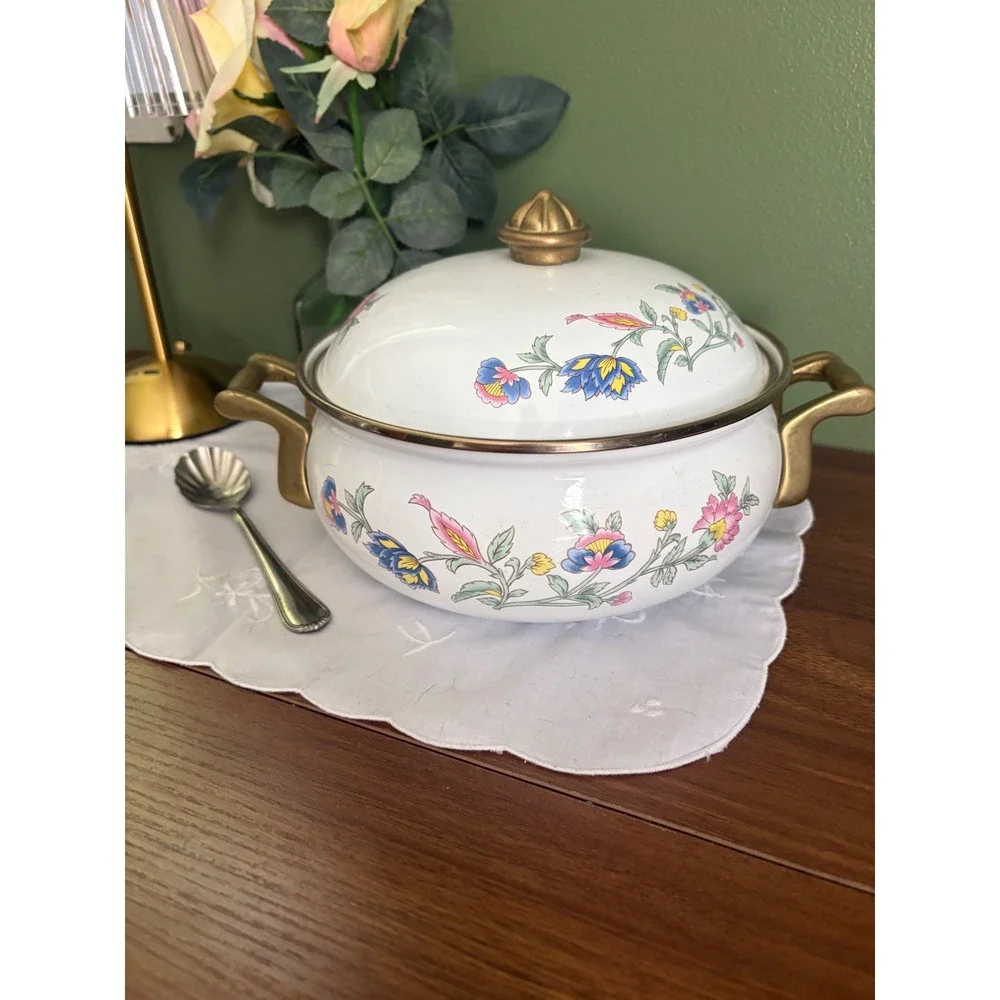 Vintage Floral Enamelware Dutch Oven White Pot with Lid Brass Handles